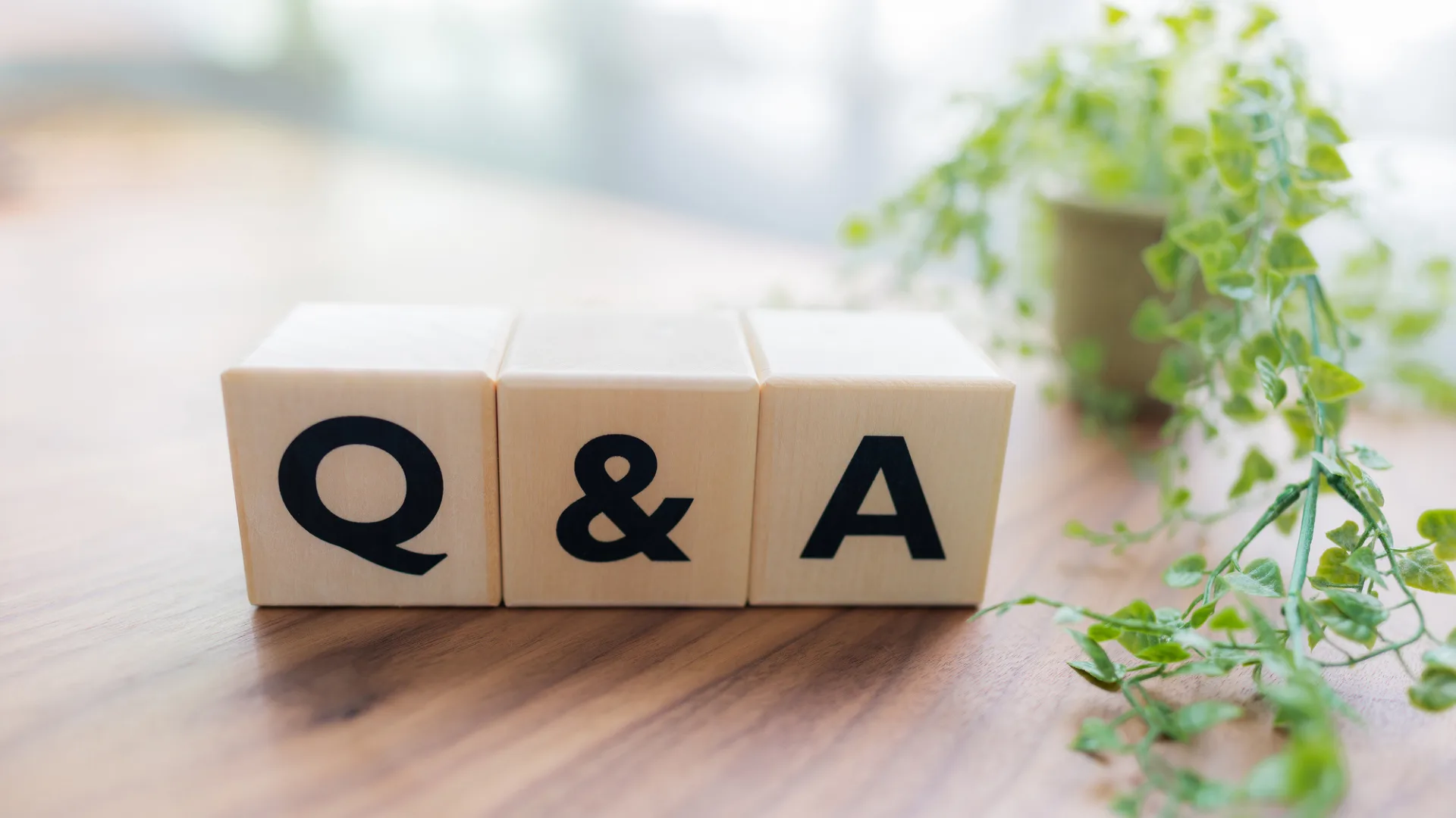 木製のブロックに「Q&A」の文字と観葉植物。