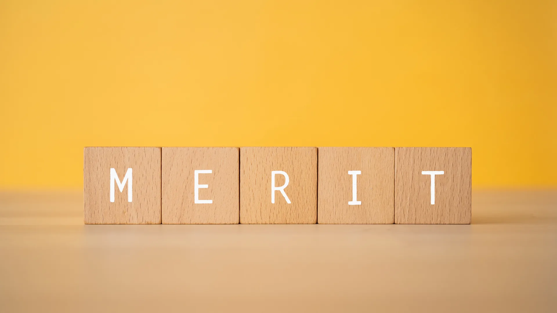 「MERIT」と書かれた木製ブロックが並んでいる