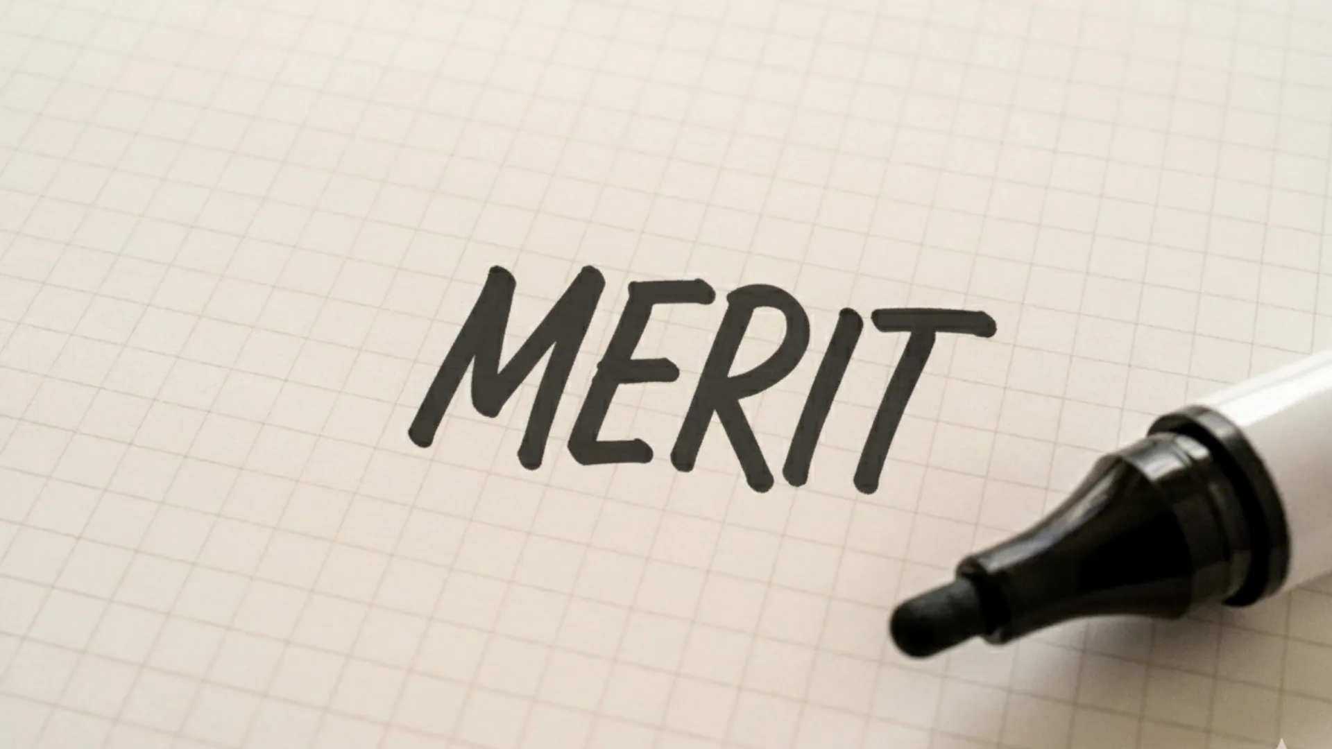 方眼ノートに黒いペンで「merit」（メリット）の文字。