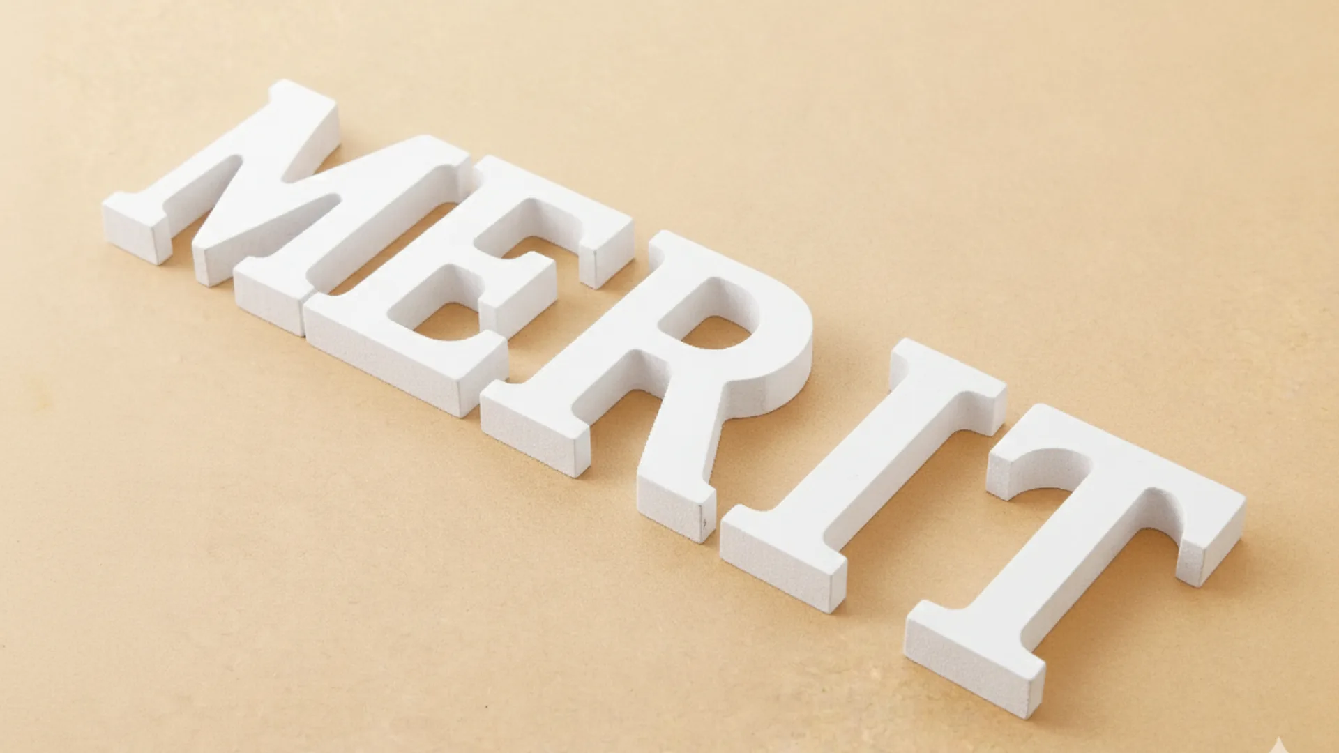 ベージュの背景に白い立体文字で「MERIT（メリット）」