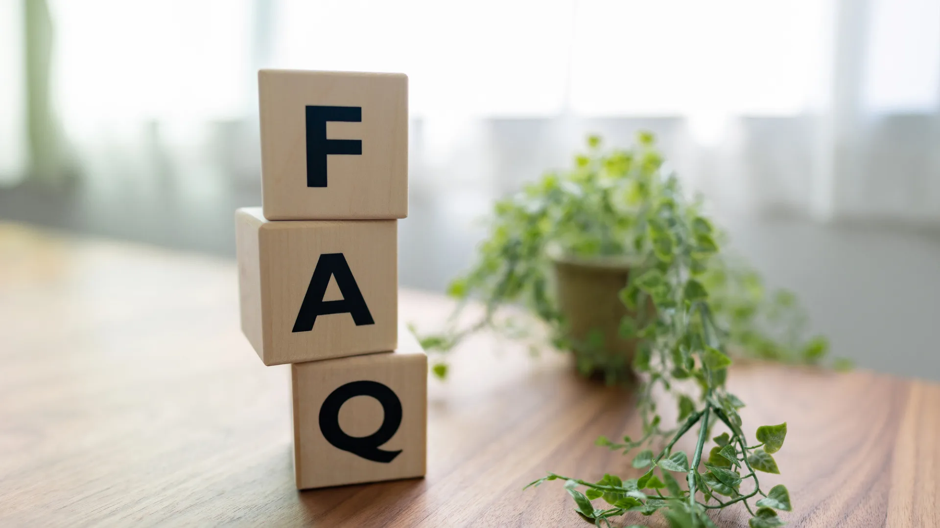 積み重ねられた「FAQ」の木製ブロックと観葉植物。