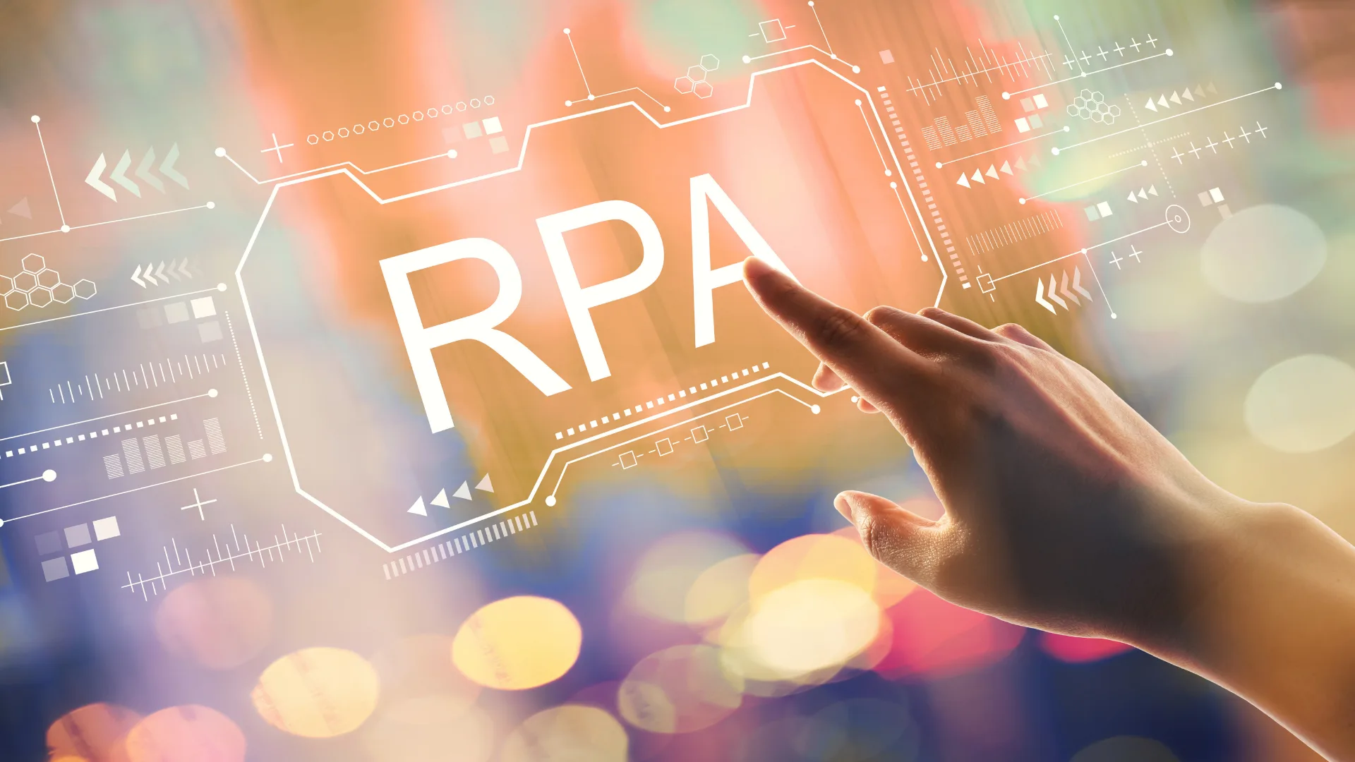 「RPA」の文字とそれを指す手、デジタル技術のイメージ