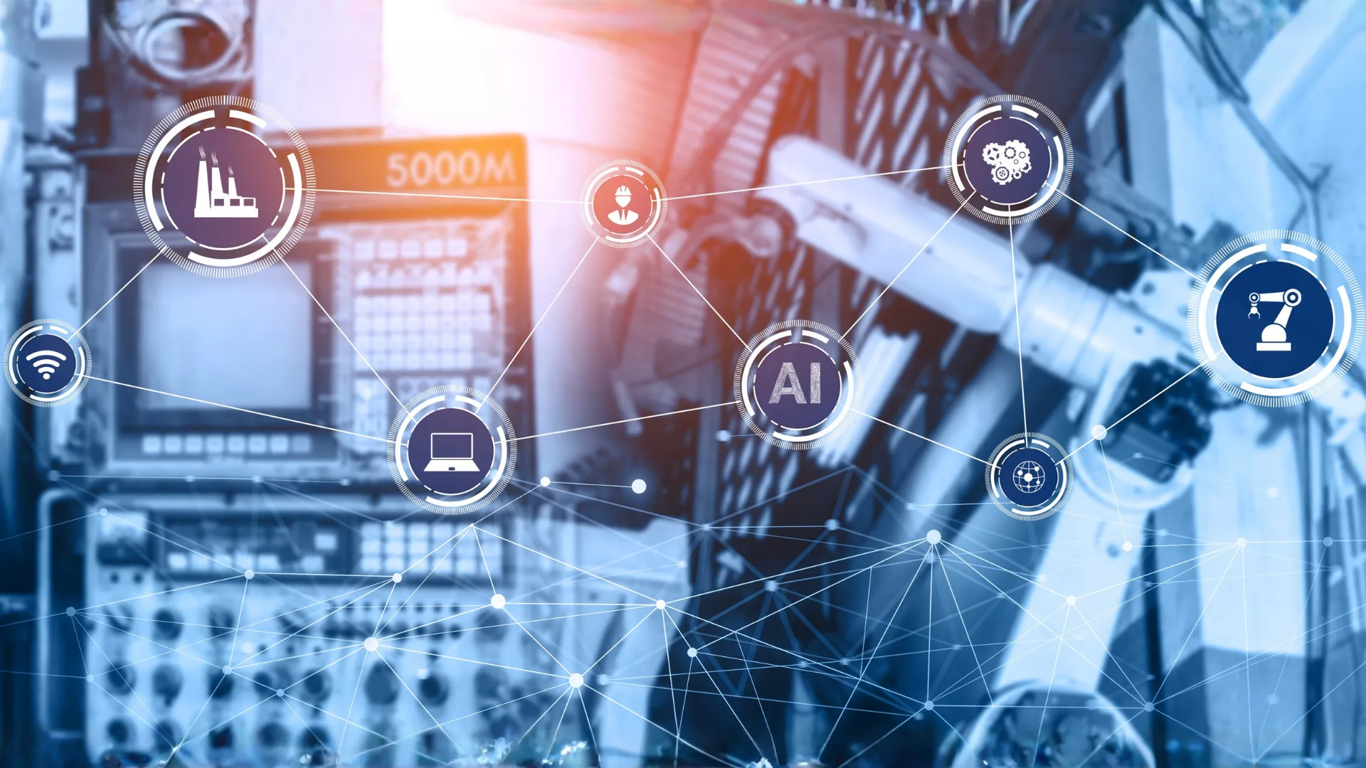 AIとIoTでネットワーク化された製造設備のイメージ