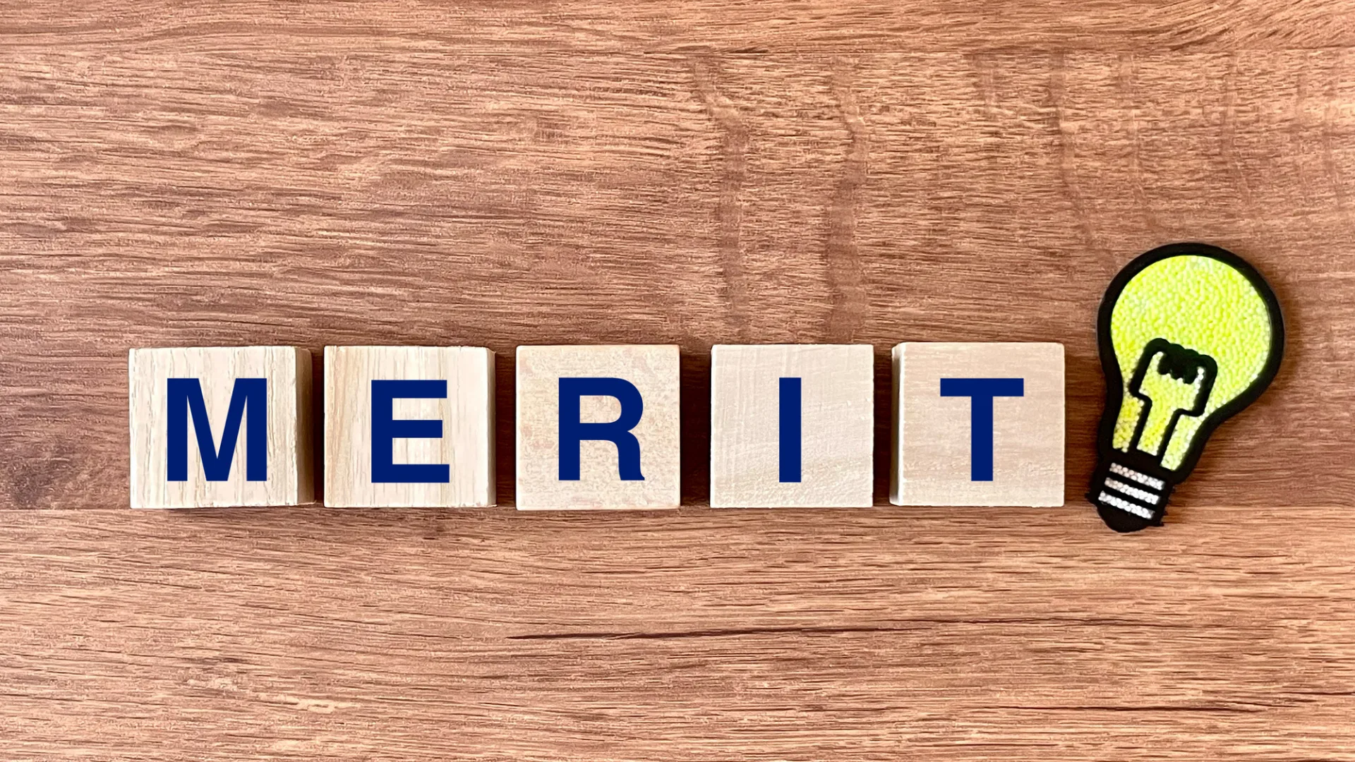 木製ブロックで「MERIT」の文字と電球